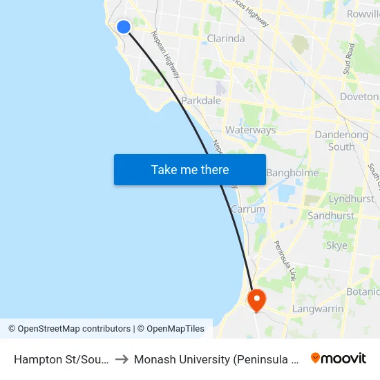 Hampton St/South Rd to Monash University (Peninsula Campus) map
