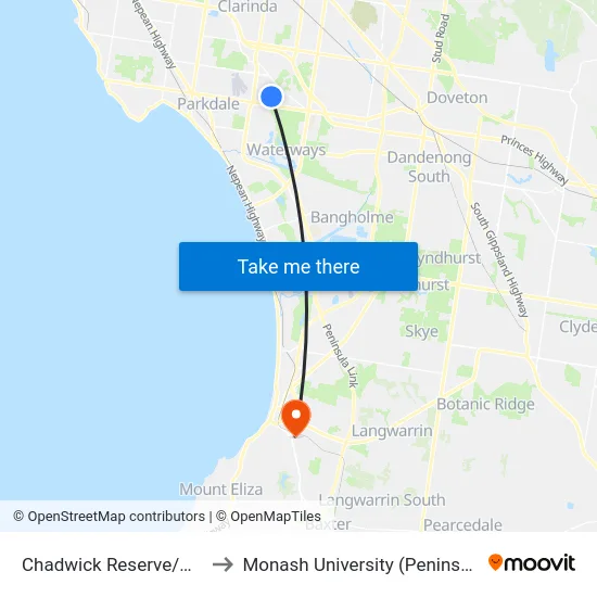 Chadwick Reserve/Howard Rd to Monash University (Peninsula Campus) map