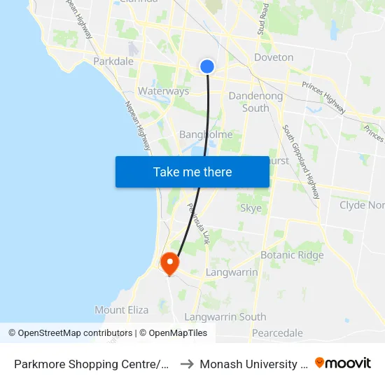 Parkmore Shopping Centre/Kingsclere Ave to Monash University (Peninsula Campus) map