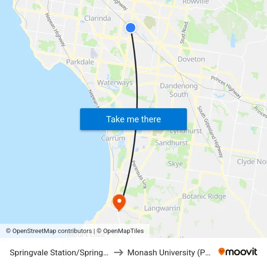 Springvale Station/Springvale Rd to Monash University (Peninsula Campus) map