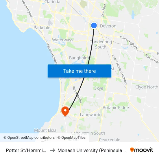 Potter St/Hemmings St to Monash University (Peninsula Campus) map