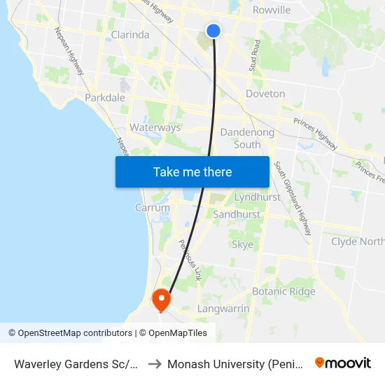 Waverley Gardens Sc/Hansworth St to Monash University (Peninsula Campus) map