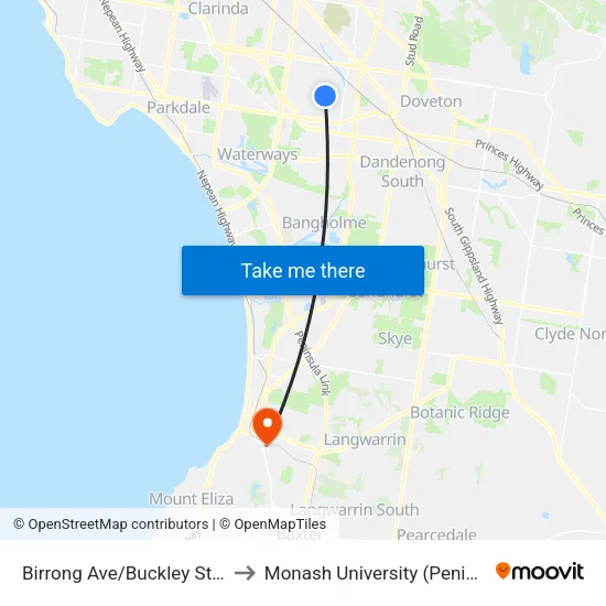 Birrong Ave/Buckley St to Monash University (Peninsula Campus) map