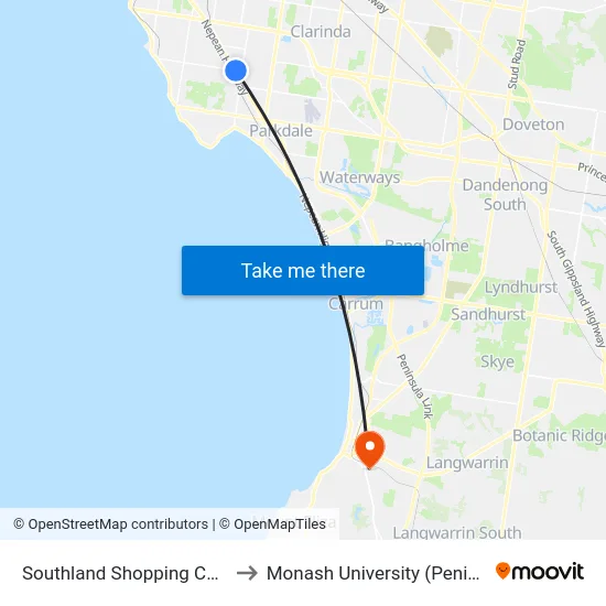 Southland Shopping Centre/Karen St to Monash University (Peninsula Campus) map