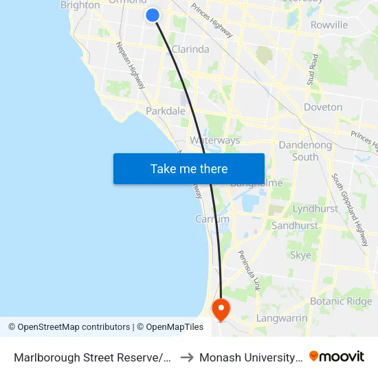 Marlborough Street Reserve/Marlborough St to Monash University (Peninsula Campus) map