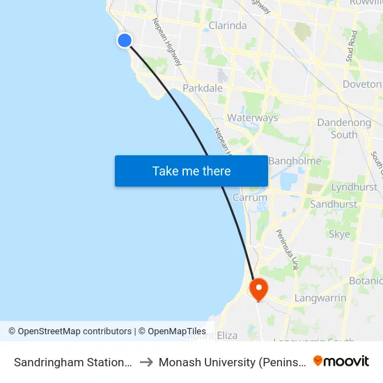 Sandringham Station/Station St to Monash University (Peninsula Campus) map