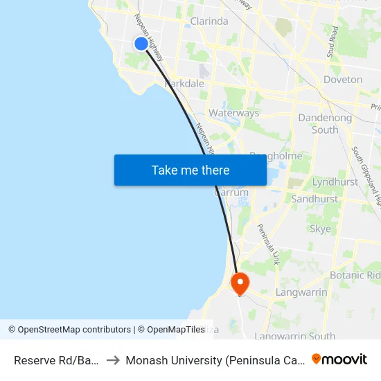 Reserve Rd/Bay Rd to Monash University (Peninsula Campus) map