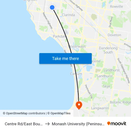 Centre Rd/East Boundary Rd to Monash University (Peninsula Campus) map
