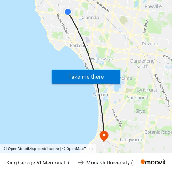 King George VI Memorial Reserve/East Boundary Rd to Monash University (Peninsula Campus) map