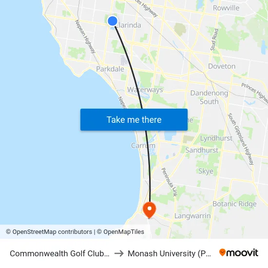 Commonwealth Golf Club/Old Dandenong Rd to Monash University (Peninsula Campus) map
