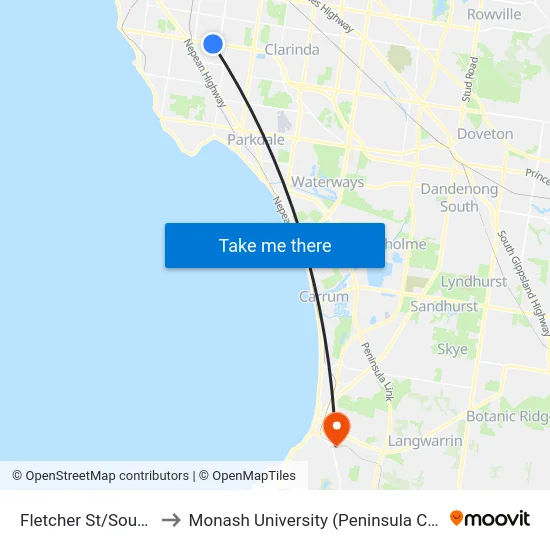 Fletcher St/South Rd to Monash University (Peninsula Campus) map