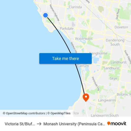 Victoria St/Bluff Rd to Monash University (Peninsula Campus) map