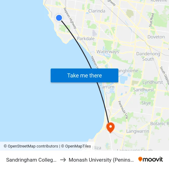 Sandringham College/Bluff Rd to Monash University (Peninsula Campus) map