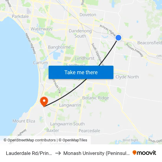 Lauderdale Rd/Princes Hwy to Monash University (Peninsula Campus) map