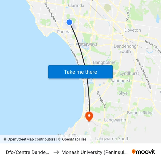 Dfo/Centre Dandenong Rd to Monash University (Peninsula Campus) map