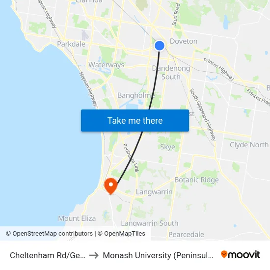 Cheltenham Rd/George St to Monash University (Peninsula Campus) map