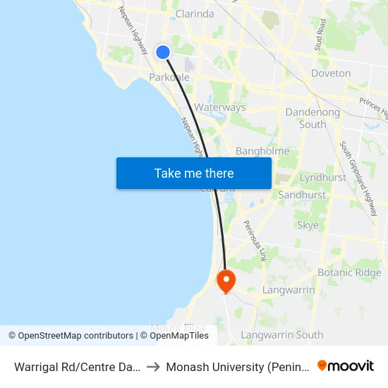 Warrigal Rd/Centre Dandenong Rd to Monash University (Peninsula Campus) map