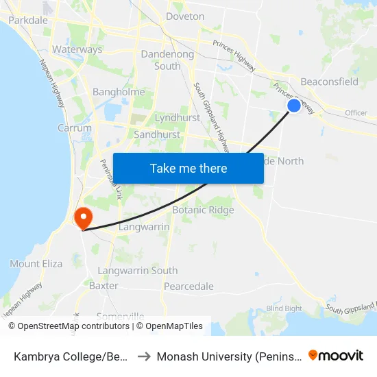 Kambrya College/Bemersyde Dr to Monash University (Peninsula Campus) map