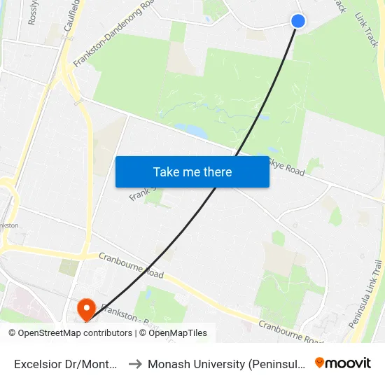 Excelsior Dr/Monterey Bvd to Monash University (Peninsula Campus) map