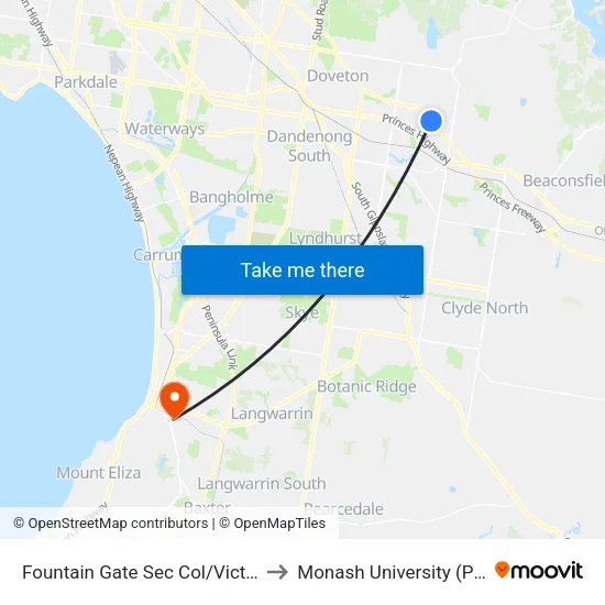 Fountain Gate Sec Col/Victoria Rd to Monash University (Peninsula Campus) map
