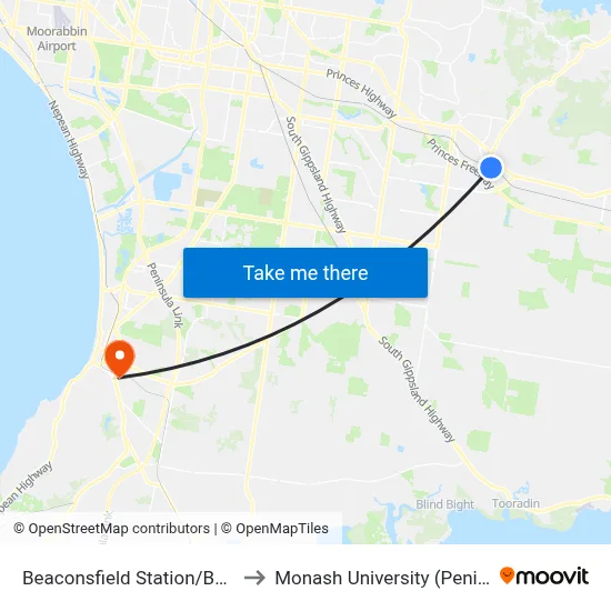 Beaconsfield Station/Beaconsfield Ave to Monash University (Peninsula Campus) map