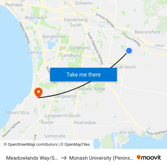 Meadowlands Way/Skyline Way to Monash University (Peninsula Campus) map