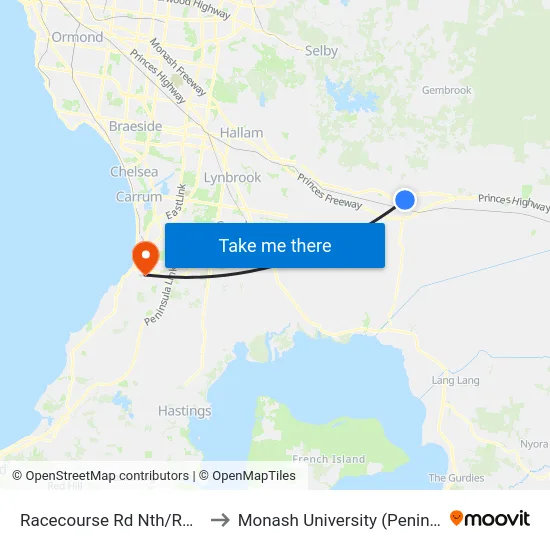 Racecourse Rd Nth/Racecourse Rd to Monash University (Peninsula Campus) map