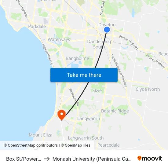 Box St/Power Rd to Monash University (Peninsula Campus) map