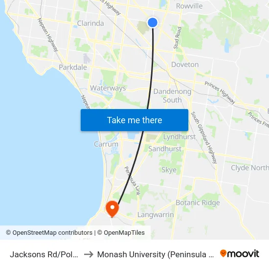 Jacksons Rd/Police Rd to Monash University (Peninsula Campus) map