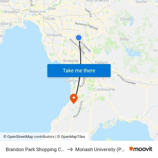 Brandon Park Shopping Centre/Springvale Rd to Monash University (Peninsula Campus) map