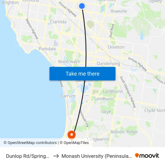 Dunlop Rd/Springvale Rd to Monash University (Peninsula Campus) map