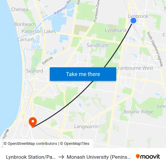 Lynbrook Station/Paterson Dr to Monash University (Peninsula Campus) map
