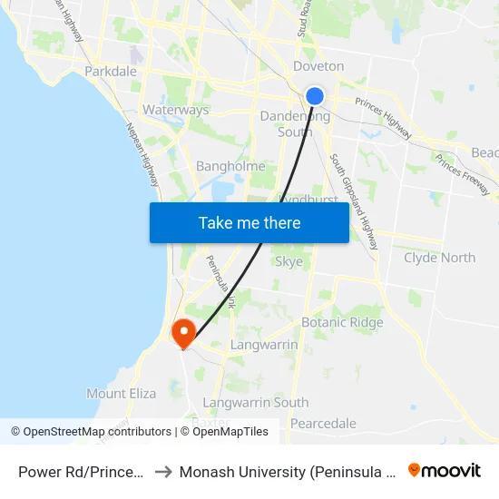 Power Rd/Princes Hwy to Monash University (Peninsula Campus) map