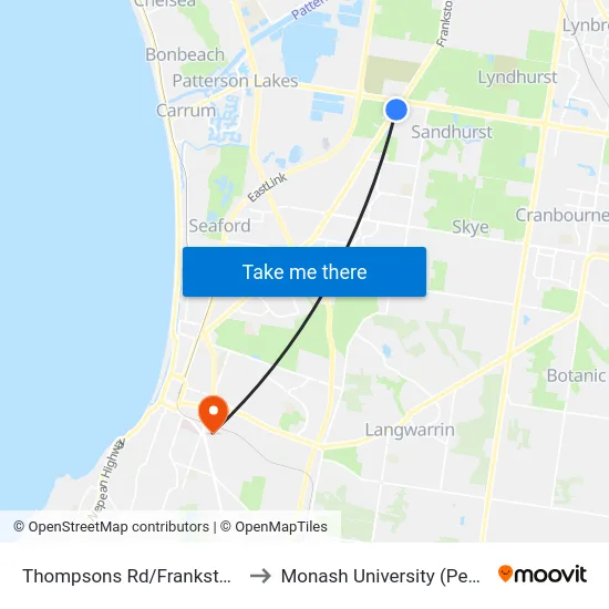 Thompsons Rd/Frankston-Dandenong Rd to Monash University (Peninsula Campus) map
