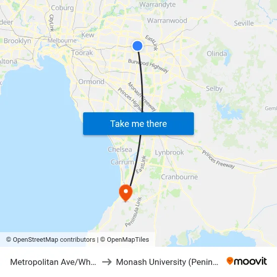 Metropolitan Ave/Whitehorse Rd to Monash University (Peninsula Campus) map