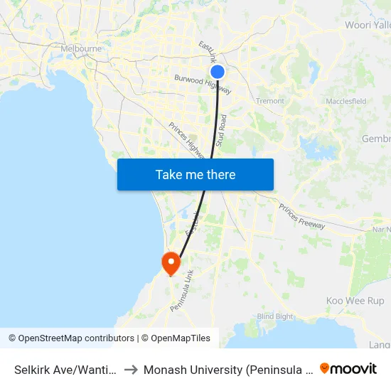 Selkirk Ave/Wantirna Rd to Monash University (Peninsula Campus) map