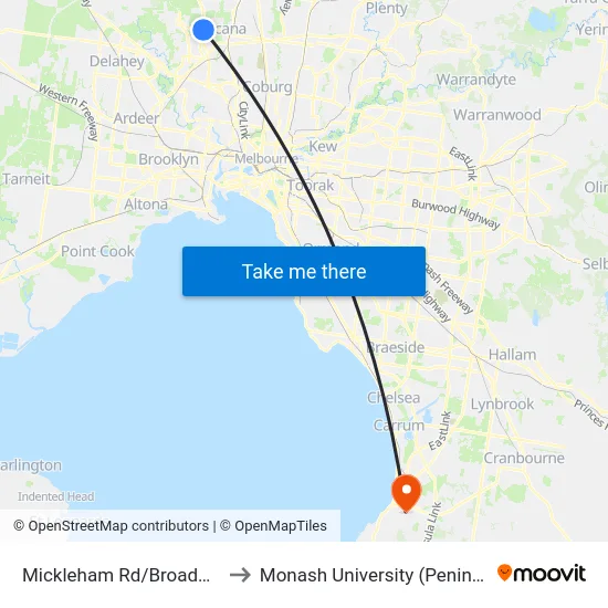 Mickleham Rd/Broadmeadows Rd to Monash University (Peninsula Campus) map