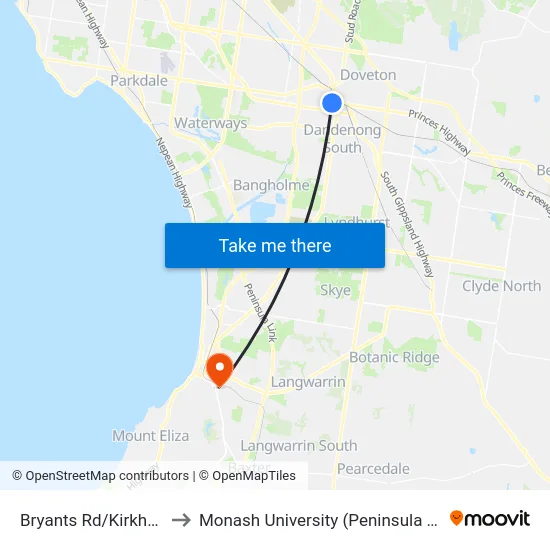 Bryants Rd/Kirkham Rd to Monash University (Peninsula Campus) map
