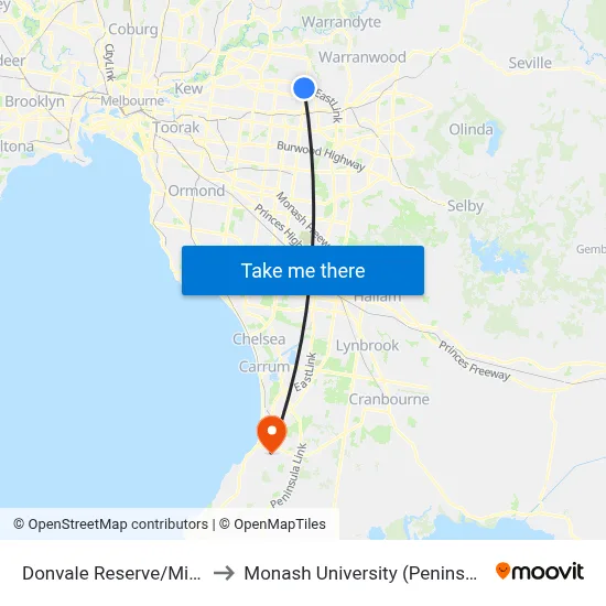 Donvale Reserve/Mitcham Rd to Monash University (Peninsula Campus) map
