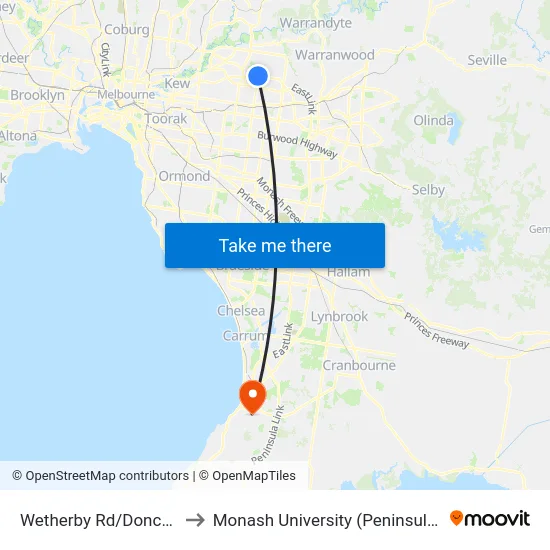 Wetherby Rd/Doncaster Rd to Monash University (Peninsula Campus) map