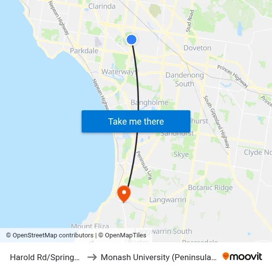 Harold Rd/Springvale Rd to Monash University (Peninsula Campus) map