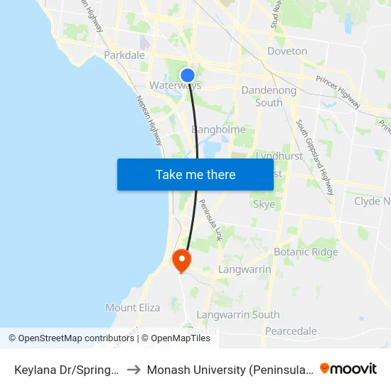 Keylana Dr/Springvale Rd to Monash University (Peninsula Campus) map