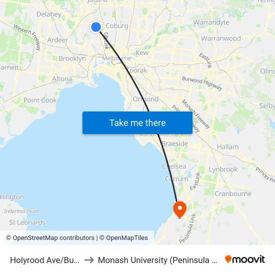 Holyrood Ave/Bulla Rd to Monash University (Peninsula Campus) map