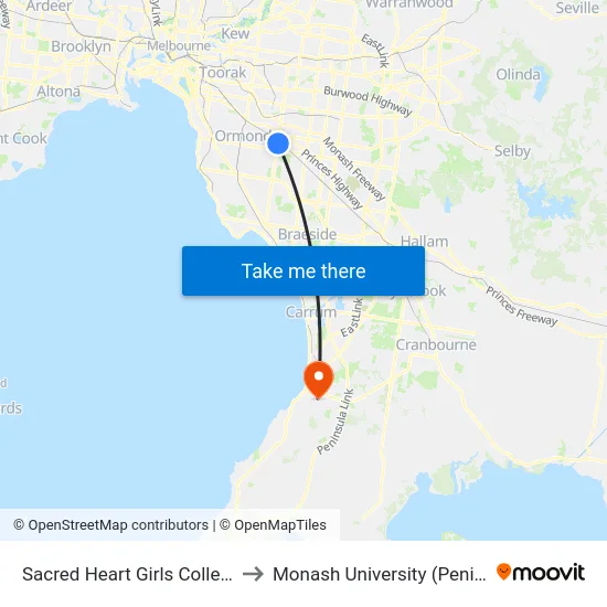 Sacred Heart Girls College/Warrigal Rd to Monash University (Peninsula Campus) map