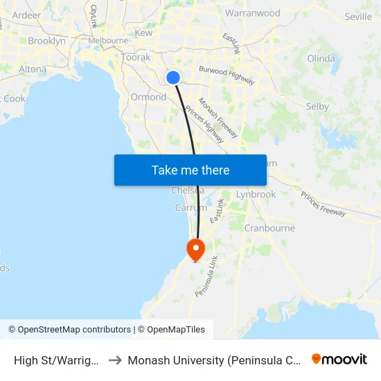 High St/Warrigal Rd to Monash University (Peninsula Campus) map