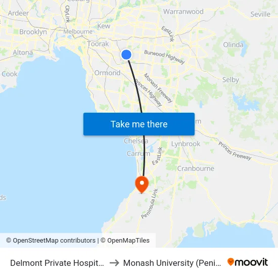 Delmont Private Hospital/Warrigal Rd to Monash University (Peninsula Campus) map
