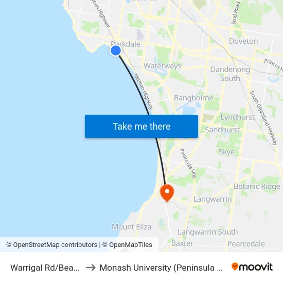 Warrigal Rd/Beach Rd to Monash University (Peninsula Campus) map