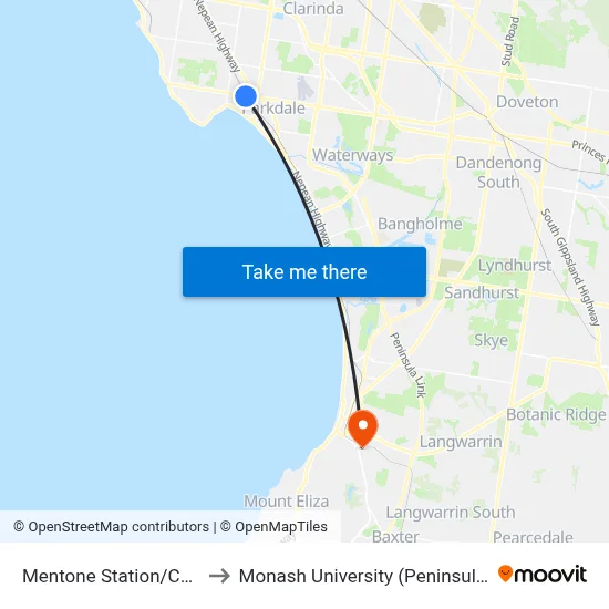 Mentone Station/Como Pde to Monash University (Peninsula Campus) map