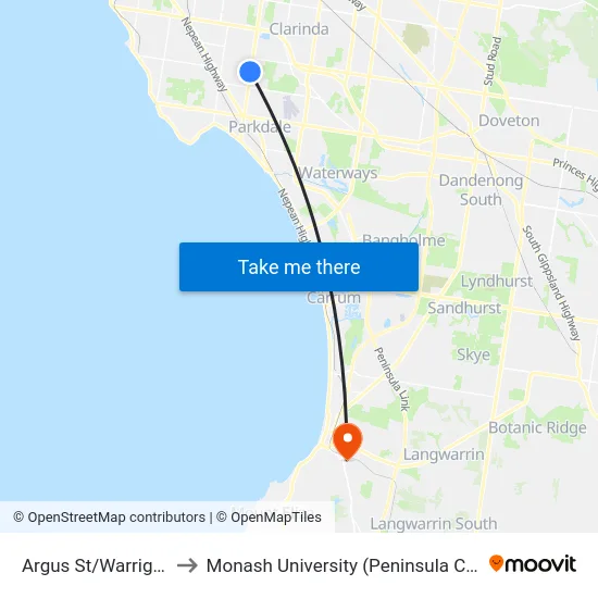 Argus St/Warrigal Rd to Monash University (Peninsula Campus) map