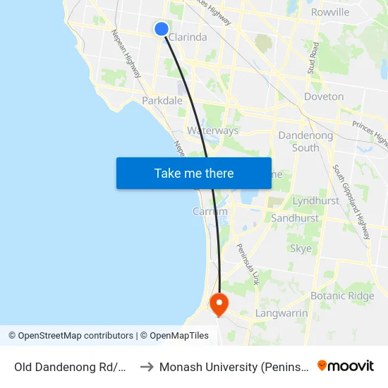 Old Dandenong Rd/Warrigal Rd to Monash University (Peninsula Campus) map
